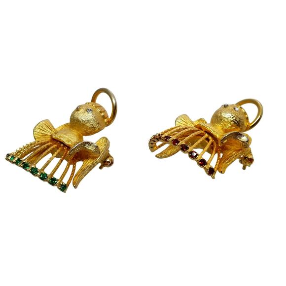 Small Rhinestone Angel Brooch Gold Tone Pair Cherub Pin Red Green Crystal - Picture 7 of 9